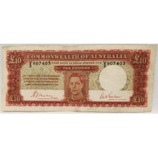 AUSTRALIA 1939 . TEN 10 POUNDS BANKNOTE . SHEEHAN/MacFARLANE . FIRST PREFIX V3